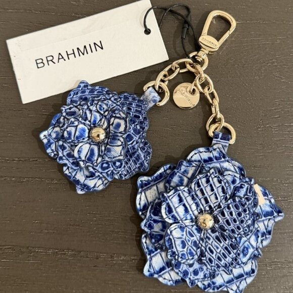 NWT $125 BRAHMIN FLOWER DUO COASTAL BLUE Leather Charm Key Fob - Picture 2 of 6